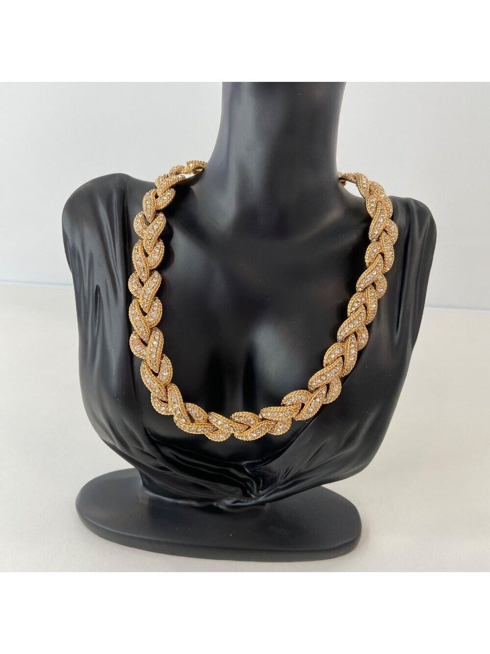 Vintage Gold Tone Rhinestone Braided Link Statement Necklace 80s 90s Department